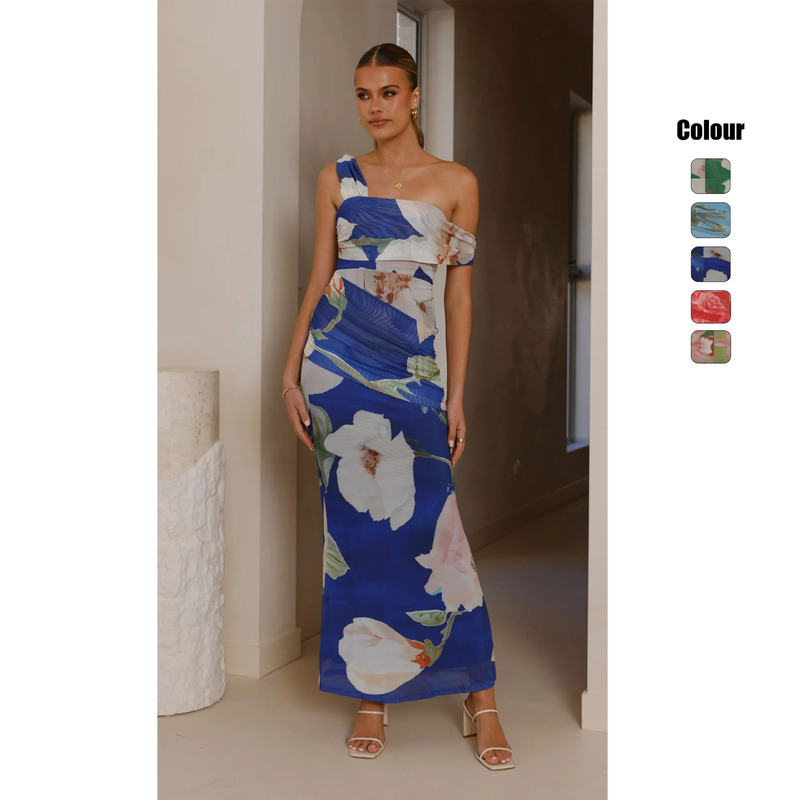 In-Stock Foreign Trade Model 26 Years Cross-Border Summer Slim-Fit Printed Off-Shoulder Bodycon Sexy Mesh Mid-Length Dress 2673