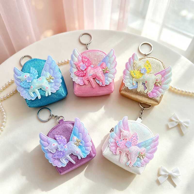 Cartoon unicorn with colorful wings, coin purse, keychain, cute girl's small backpack charm, doll machine accessory Cartoon unicorn with colorful wings, coin purse, keychain, cute girl's small backpack charm, doll machine accessory