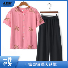 中老年女装奶奶夏装套装妈妈装棉绸衣服老年短袖上衣老年人两件套