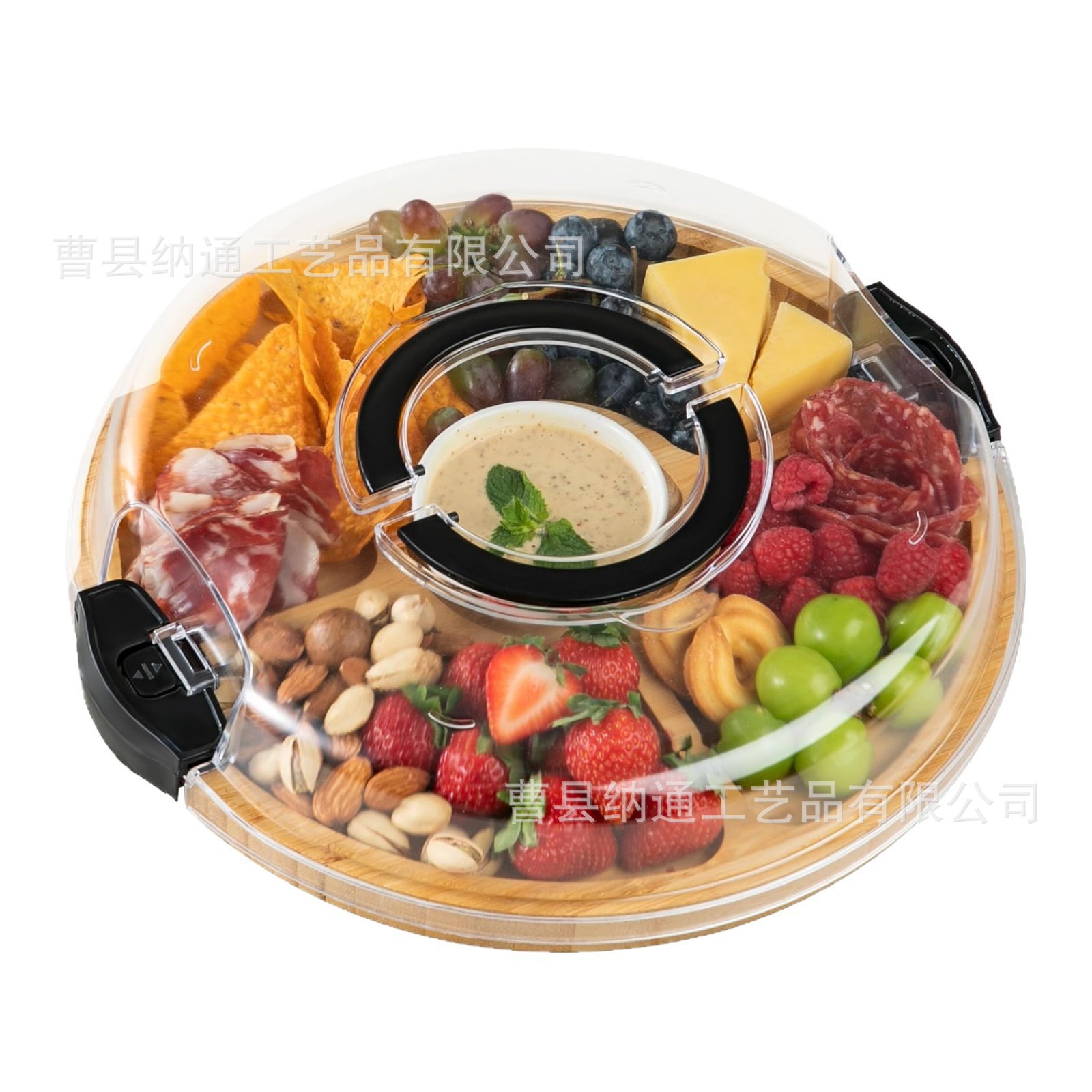Portátil con cubierta de bloqueo de bambú bandeja dividida de frutas y paneles de queso de carne de corte bandeja de bocadillos