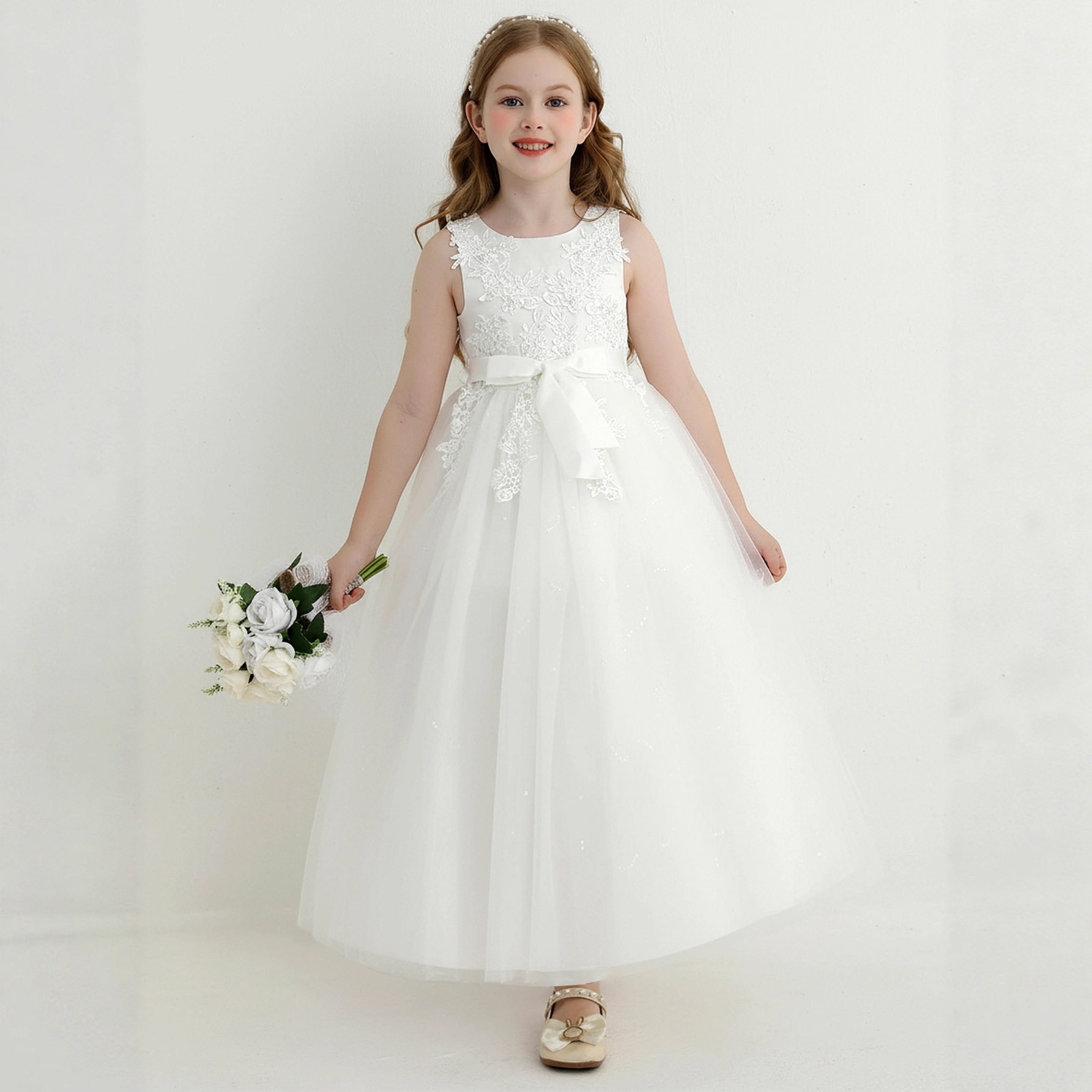 Vestido de princesa de niña transfronteriza vestido de novia sin mangas de encaje de arco vestido de cumpleaños vestido de niños