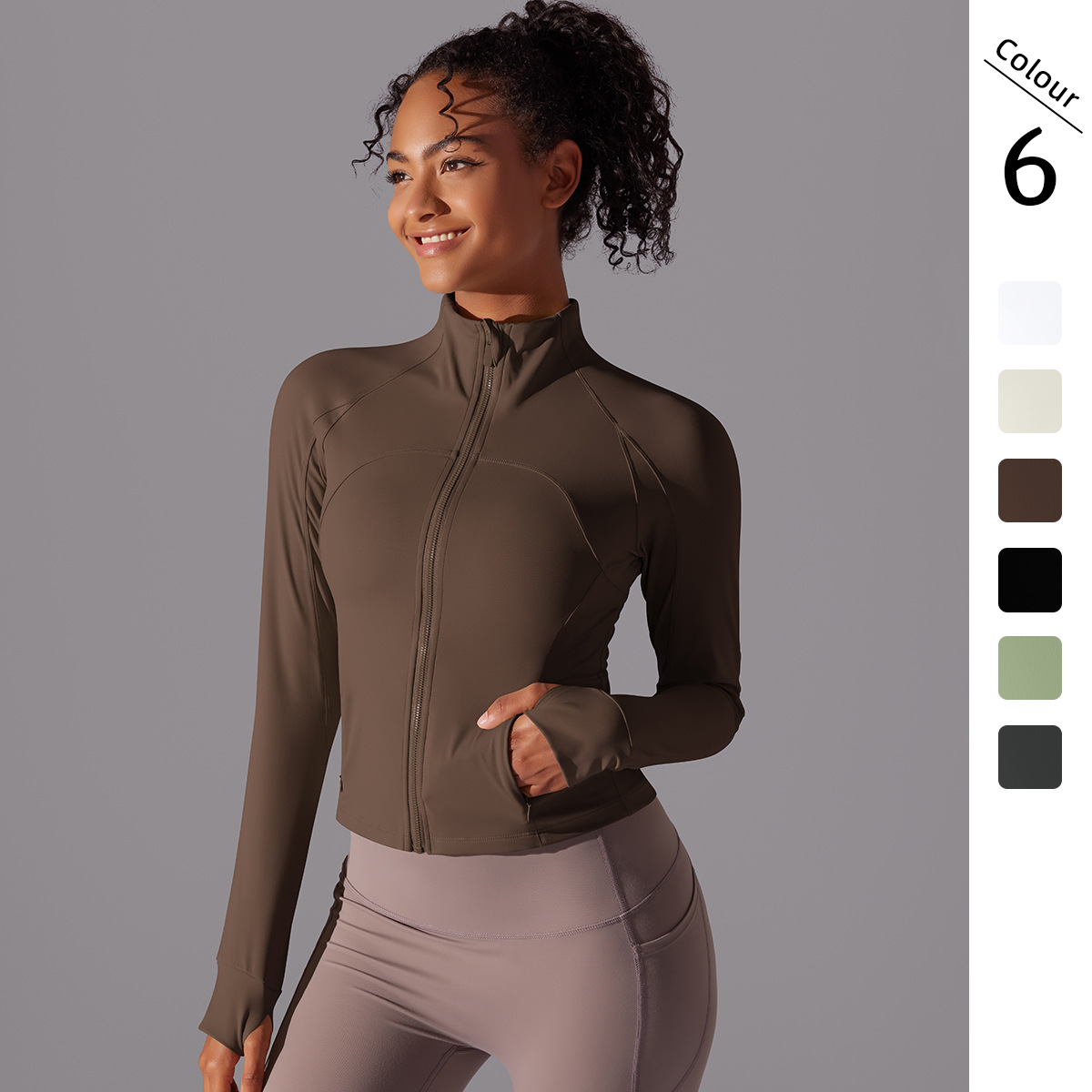 Nuevo color sólido de collar largo con cremallera de manga larga chaqueta molida apertada deportiva para correr ropa de yoga para mujeres