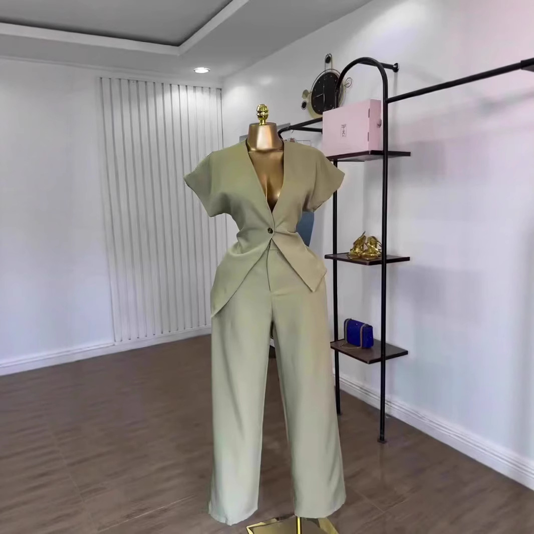 Summer Women's Solid Color Suit Short Sleeve Single Button Top Straight Leg Pants Set American Style Polyester_voghion.com