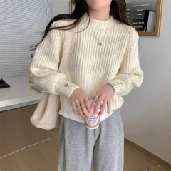 宽松软糯针织衫女秋冬季袖口纽扣内搭打底短款加厚毛衣温柔风上衣
