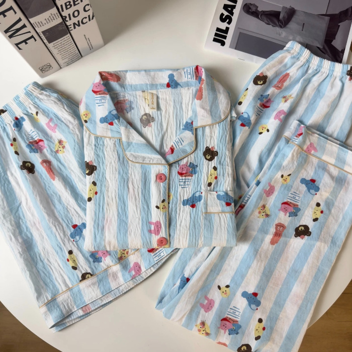 Nube de algodón pijama de mujer nuevo verano verde rayas perros dulces ociosos ropa de casa de estudiantes de tres piezas para vestir
