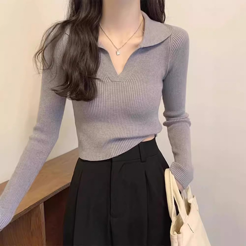 Elegant Polo Lapel Long-sleeved Sweater Women's Autumn and Winter Slim-fit Pure Desire Style Short Top V-neck Base Shirt Elegant Polo Lapel Long-sleeved Sweater Women's Autumn and Winter Slim-fit Pure Desire Style Short Top V-neck Base Shirt
