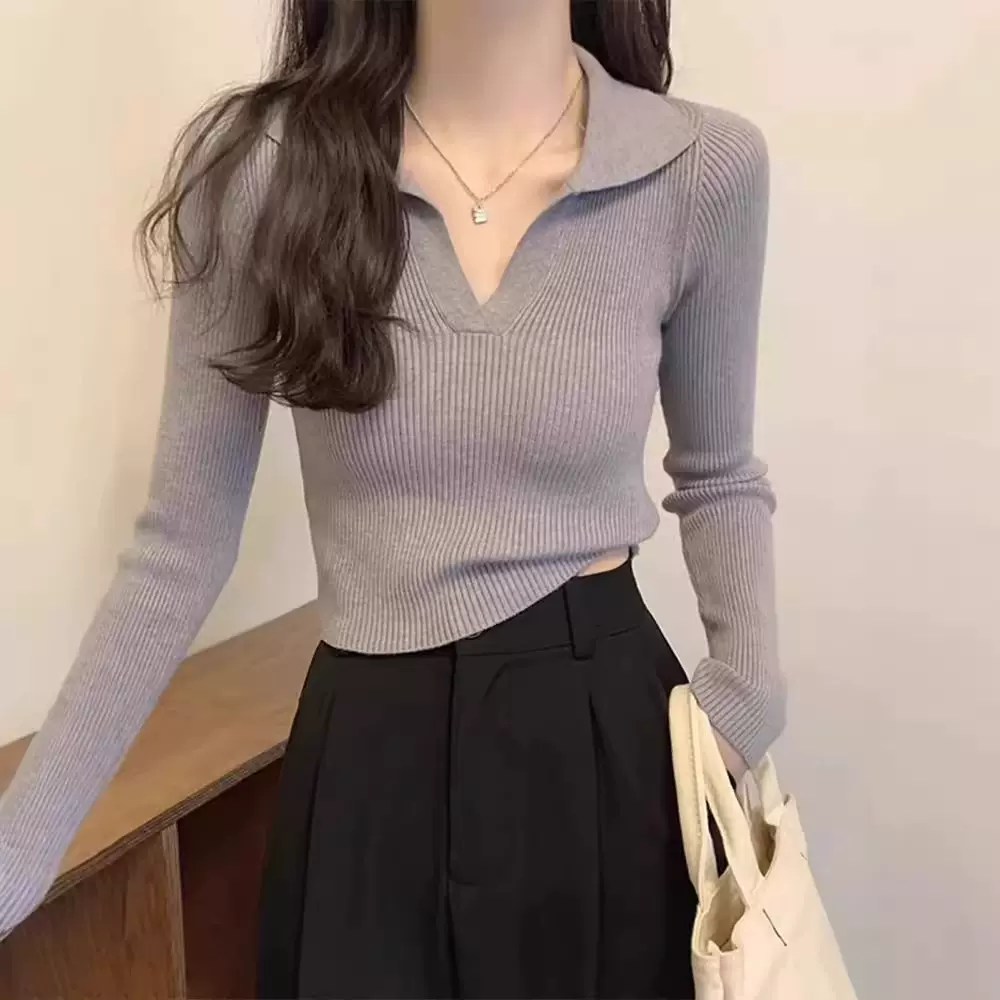 气质polo翻领长袖针织衫女秋冬修身内搭纯欲风短款上衣v领打底衫