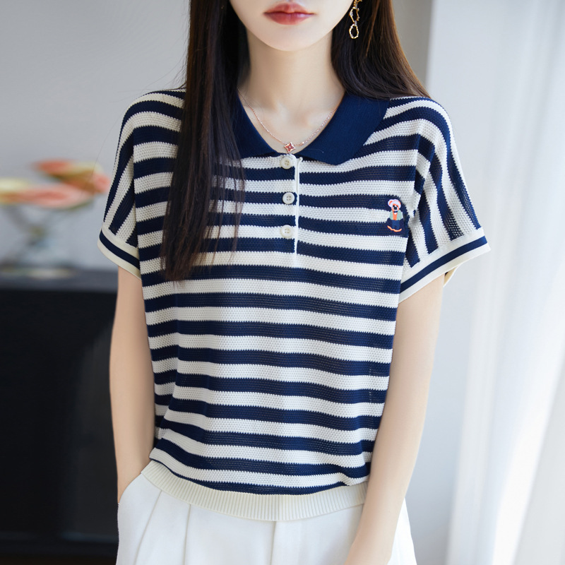 Trendy Versatile Color-Block Polo Shirt with a Loose Fit, Slimming Knit Top, Short-Sleeve T-Shirt for Women, Wholesale and Dropshipping Trendy Versatile Color-Block Polo Shirt with a Loose Fit, Slimming Knit Top, Short-Sleeve T-Shirt for Women, Wholesale and Dropshipping