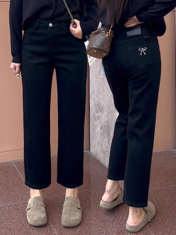 Plus Size Black Straight-Leg Jeans for Women, Autumn and Summer New Style, Pear-Shaped Figure, High-Waisted Stretchy Cropped Cigarette Pants