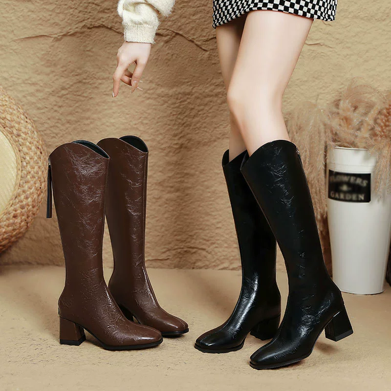 Высокие сапоги на каблуке для женщин, новинка 2025 года, осенне-зимние, стройнящие, выше колена, на толстом каблуке, коричневые, с V-образным вырезом, квадратным носком, высокие сапоги