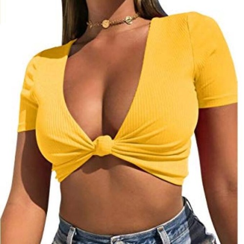 Summer new women's tops retro slim solid color large V-neck bottoming shirt with knotted short-sleeved T-shirt on the chest