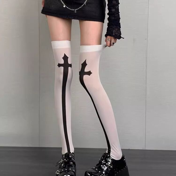 Cross-Border Halloween Ghost Festival Horror Printed Sword Stockings Cross Black and White Over-The-Knee Socks Cross-Border Halloween Ghost Festival Horror Printed Sword Stockings Cross Black and White Over-The-Knee Socks