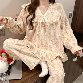冬季珊瑚绒睡衣女秋冬季加厚保暖公主风可爱甜美法兰绒家居服套装