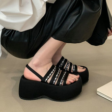 小个子增高超高跟鞋女夏季防水台松糕底粗跟水钻凉鞋厚底坡跟鞋