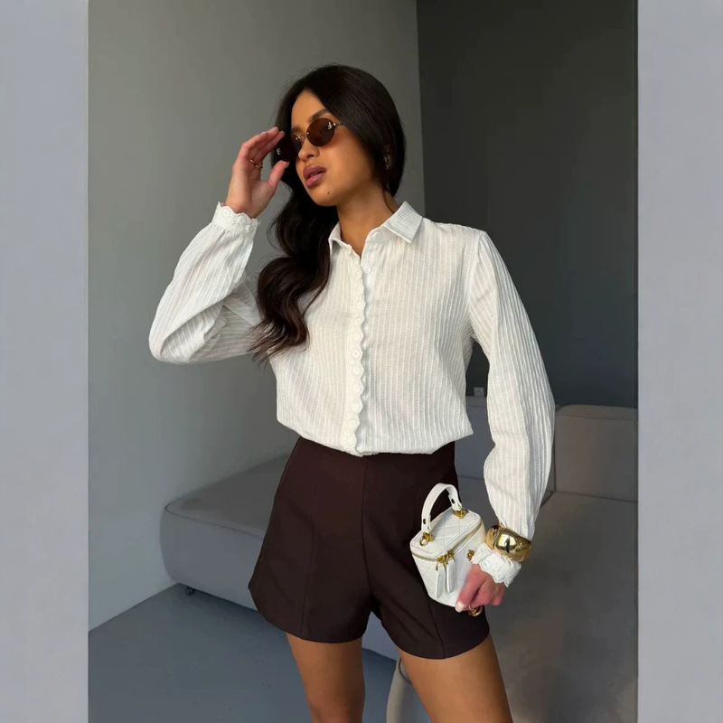 Spring textured white shirt for women with vertical stripes, lace trim on the collar, placket, and lantern sleeves, versatile for commuting