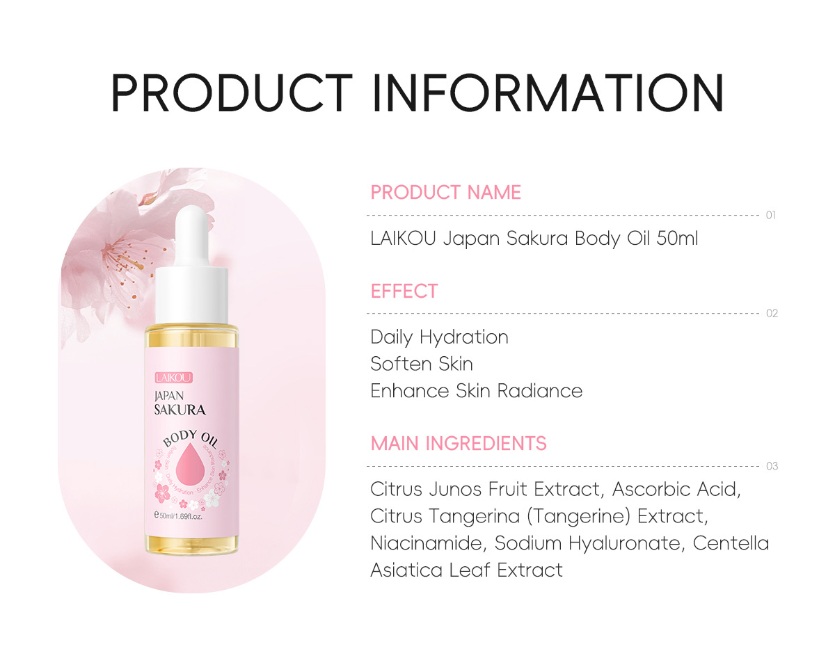 Cross-border Laikou Cherry Blossom Body Essential Oil 50g Moisturizing Essential Oil Hydrating and hydrating Manufacturer in stock, one-piece consignment, English undefined