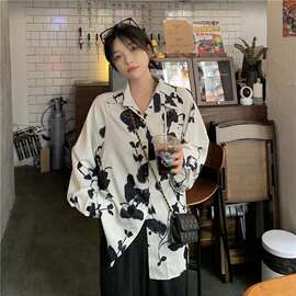 2026春季新美式宽松复古衬衫女港风别致日落玫瑰几何晕染花衬衣潮