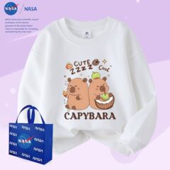 NASA可爱儿童秋冬款圆领卡通小水豚中大童长袖落肩加绒休闲卫衣