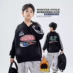 男童美式加厚圆领上衣2025中大童秋冬印花喷白工艺加绒加厚卫衣