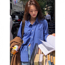 韩国小众八奶thebarnnet宽松百搭休闲小格子长袖衬衫蓝格衬衣女潮