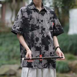 夏季上衣韩国宽松高级感感短袖衬衫男装潮水墨免烫衬衣潮