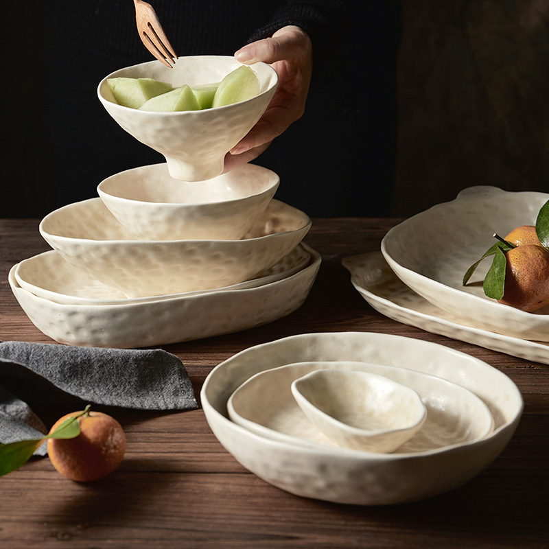Irregular Ceramic Tableware Bowls and Plates, Rustic Vintage Plates, Japanese-Style Bowls and Plates, Wabi-Sabi Style Irregular Tableware
