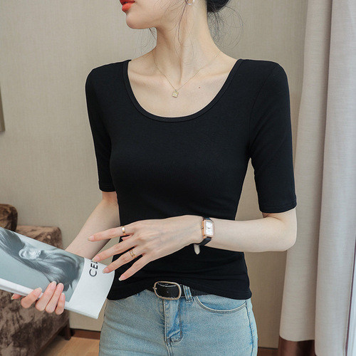 Black Mid-Sleeve T-Shirt for Women, 2025 Spring/Summer—Stylish Designer Top with Slim-Fit, Cropped 3/4-Sleeve Base Layer