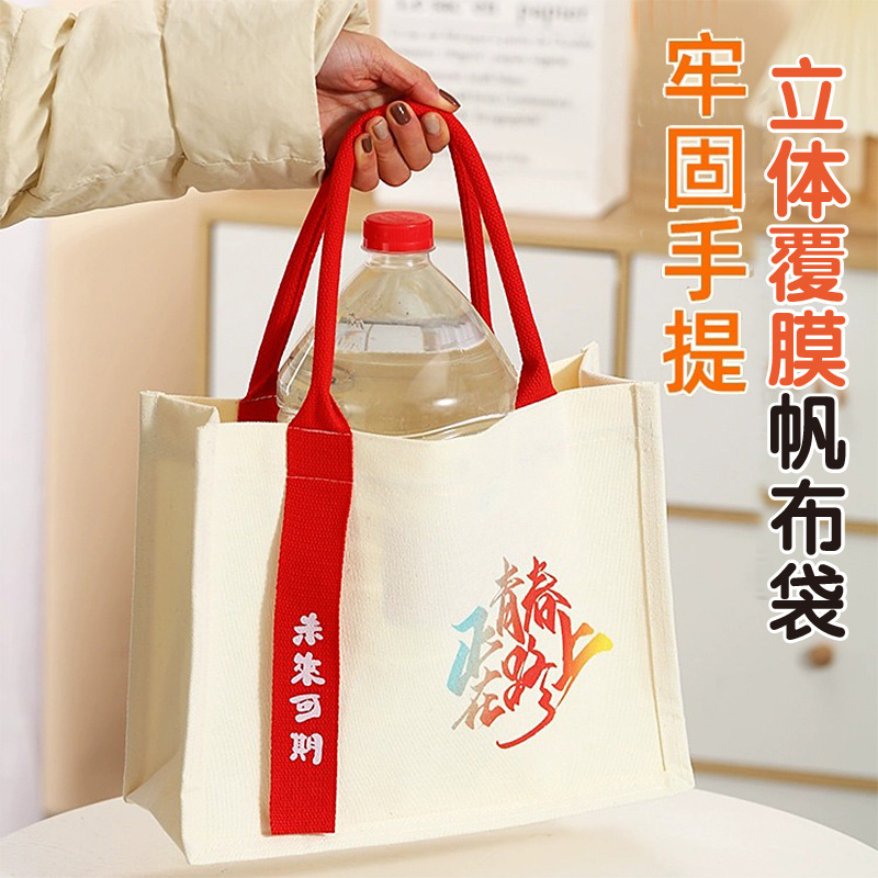 飘带款覆膜立体帆布袋定制印logo中考高考送学生伴手礼托特包定做