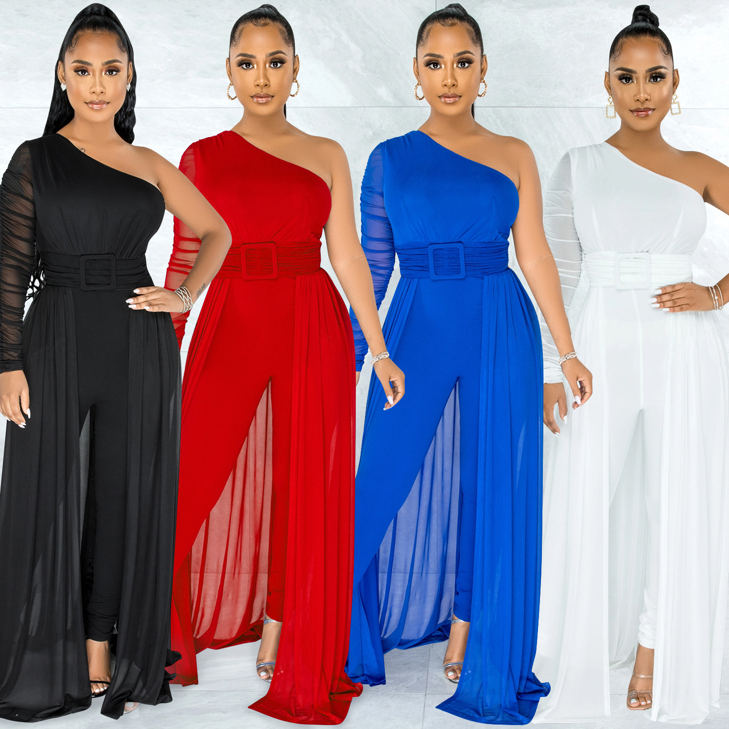 X5675 transfronterizo AliExpress deseo color sólido sexy malla ver-a través de un hombro oblicuo collar pantalones de manga larga Mono para las mujeres