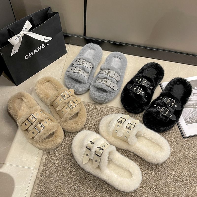 Autumn and Winter New Style Indoor Home Furry Slippers with Leather Buckles Thick-Soled Furry Slippers for Women's Room Non-Slip Soft-Soled Household Cotton Slippers