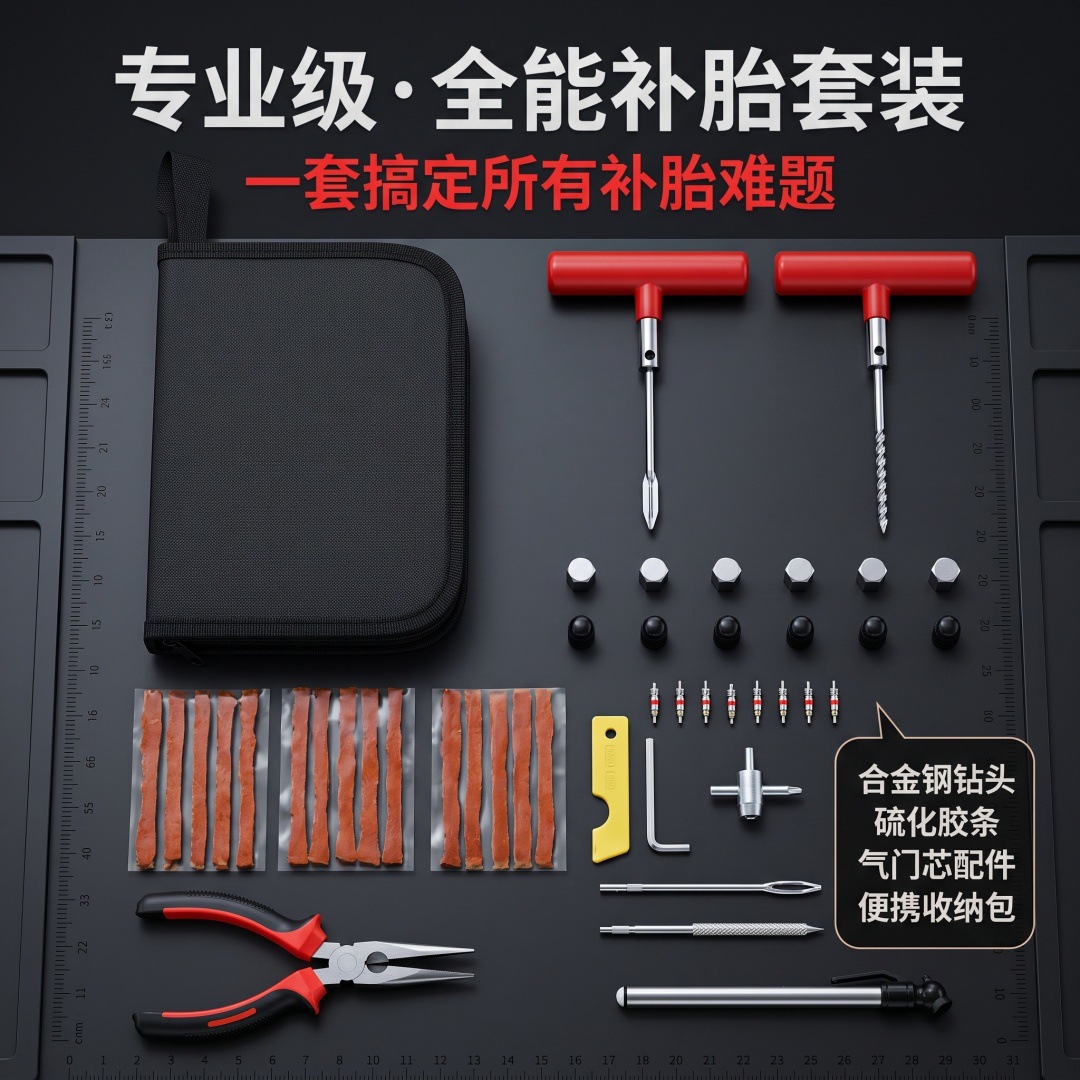 Cross-border best-selling car supplies: tire repair tool kit with storage bag, vacuum tire quick puncture repair strips to fix leaks