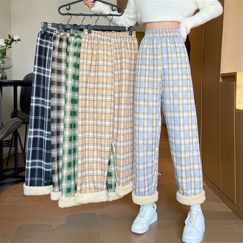 2025冬季新款格子女高腰宽松直筒加绒加厚保暖休闲阔腿裤简约裤子
