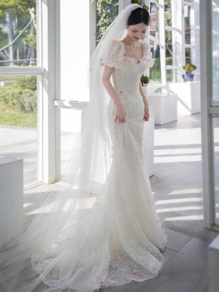 鱼尾婚纱2025新款白色方领高级感拖尾结婚订婚晚礼服礼服裙女春季-阿里巴巴