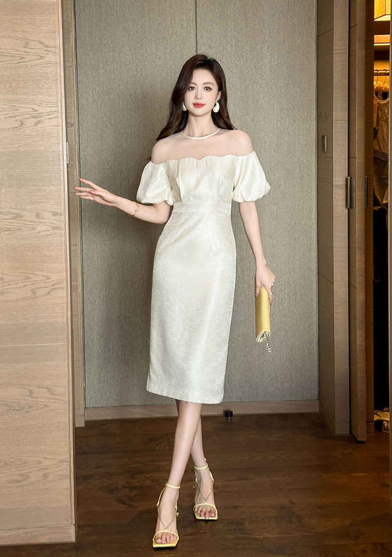 Đầm dự tiệc maxi nữ tay phồng thắt eo kiểu dáng thanh lịch — Màu kem chi tiết 6