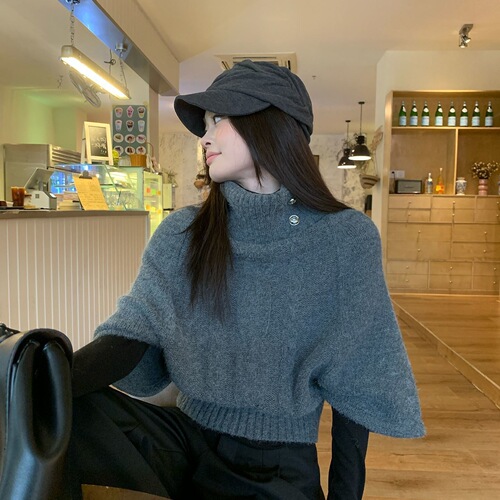 Bat-sleeve top gray twist turtleneck sweater for women's autumn and winter bat-sleeves short Korean lazy knit