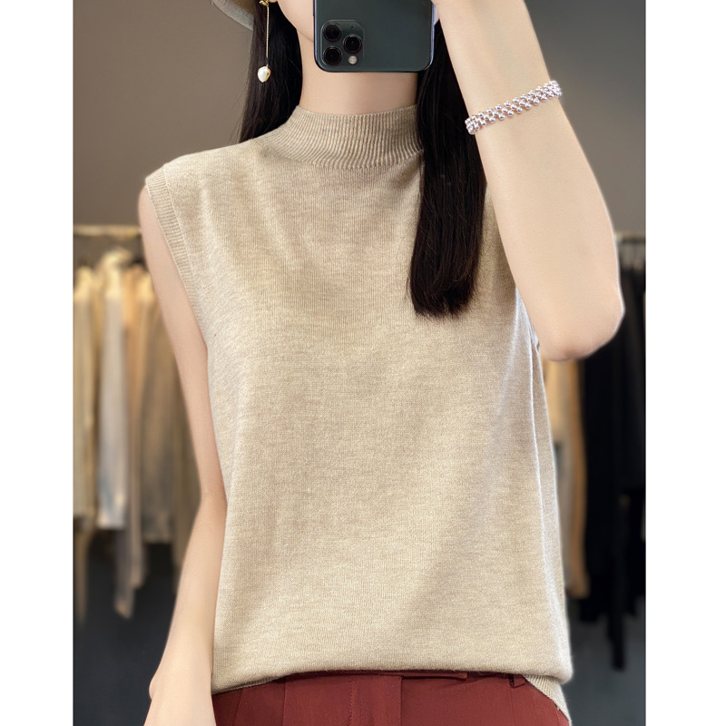 Spring and Summer new half turtleneck loose inner sleeveless waistcoat bottoming top solid color thin wool knitted vest Spring and Summer new half turtleneck loose inner sleeveless waistcoat bottoming top solid color thin wool knitted vest