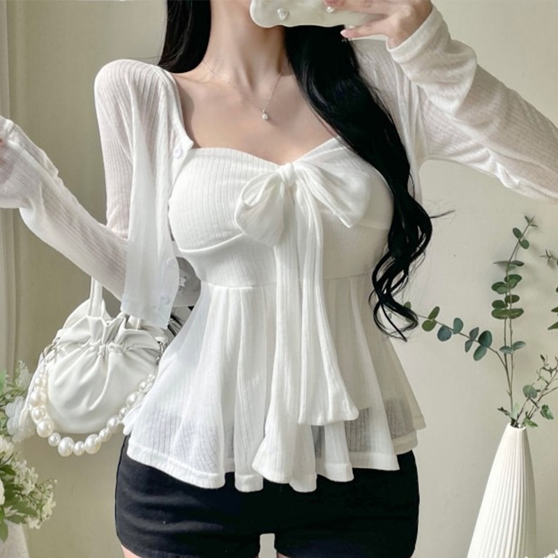 South Korea's Dongdaemun New Elegant Pure Color Bow Slim Sexy Suspender Cardigan Two-Piece Suit Top Women's Clothing