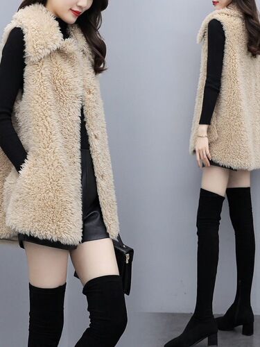 Women's New Autumn/Winter Faux Lamb Fleece Vests, Long-Sleeve Loose Peacoat Jacket