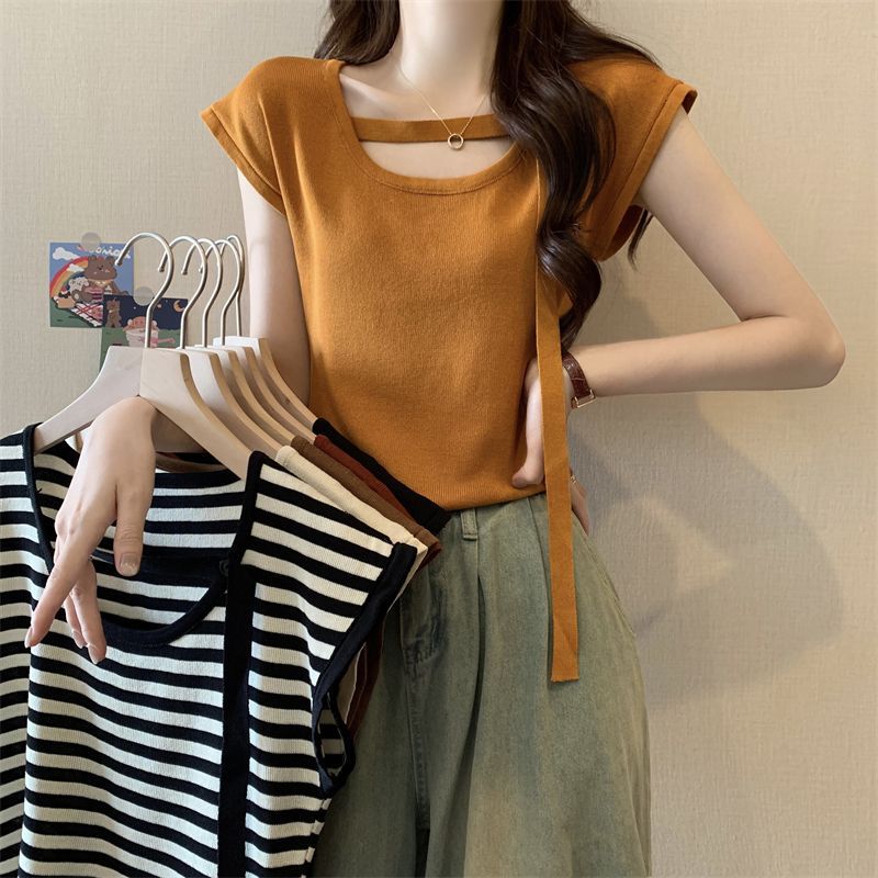 Xiaofei Sleeve Hot Girl Top Women's Design Sense Niche Summer Short Ice Silk Knitted Shirt Chic Slimming Short Sleeve T-shirt