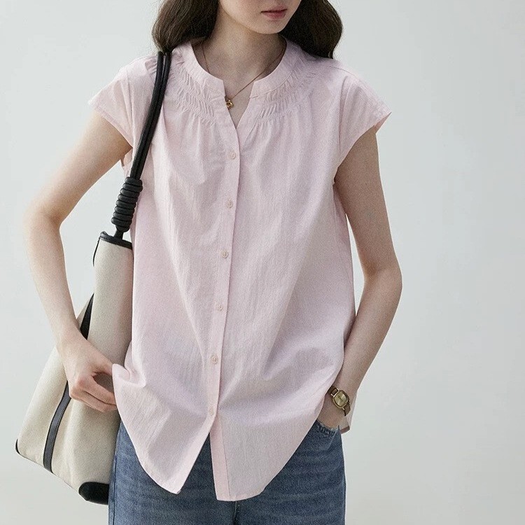 "Mustard Pie" Pink Round Neck Small Flying Sleeve Commuter Shirt for Women 25 Summer Loose Pleated Casual Top