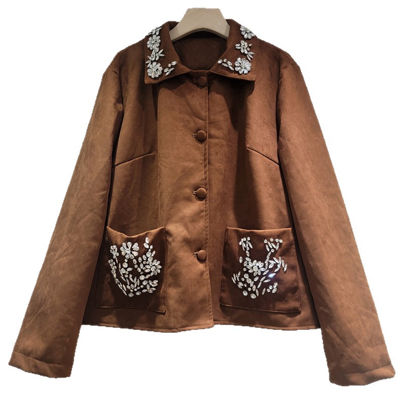Diseño elegante retro industria pesada con collar de diamante abrigo corto 2025 otoño marrón vestido con blusa delgada