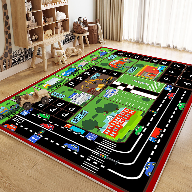 Source Manufacturer of Large-Area Non-Slip Mats for Bedrooms, Crystal Velvet Carpets, Cartoon Car Track Children's Floor Mats