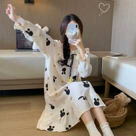 春秋季新款6535棉质公主裙草莓蝴蝶结长袖长裙子休闲可外穿睡裙子