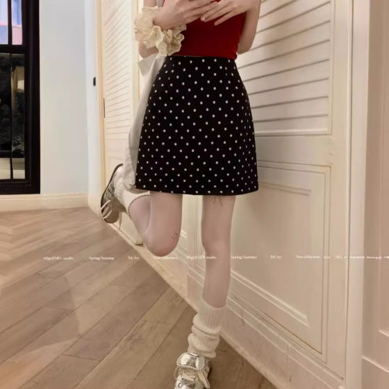 High Waist New Slim-fit Summer A- line Hip Skirt 2024 Skirt Women's Retro Polka Dot Elegant All-match Black