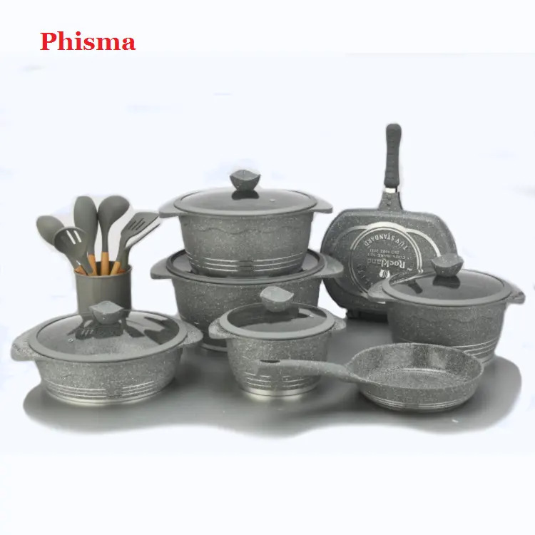 Juego de ollas de fundición a presión de aluminio de granito juego de 22 piezas de utensilios de cocina antiadherentes estilo hoja de loto tapa de vidrio de silicona fondo de inducción fondo