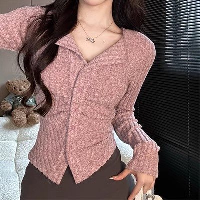 플러스 사이즈 니트 베이스 셔츠 여성용 봄과 가을 통통녀 슬림 핏 슬리밍 웨스턴 스타일 핑크 카디건 V-넥 긴팔 내부 탑