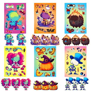 Big Sale 6 Sheets/Pack Halloween Puzzle Stickers Pumpkin Cat Skull Face Changing DIY Expression Decorative Stickers Family