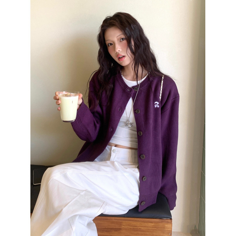 韩系慵懒风超显白紫色毛衣开衫外套女秋季休闲宽松针织开衫上衣|undefined