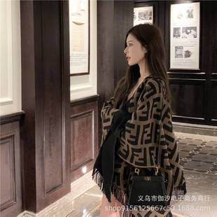 High-Quality Autumn and Winter New Heavy Double Ff Brown Women's Cashmere Shawl Double-Sided Autumn and Winter Warm Cape Trend