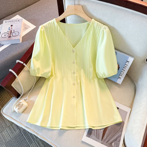 Designer Short-Sleeve Top with French Charming Gentle Style, Puffed Sleeves for Plus Size Women - Summer Fashion